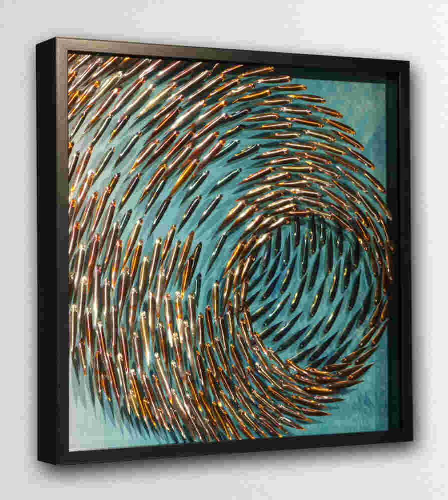 Three-dimensional wall sculpture, school of fish theme, with layers of plexiglass, aluminum frame and swirling copper fish.