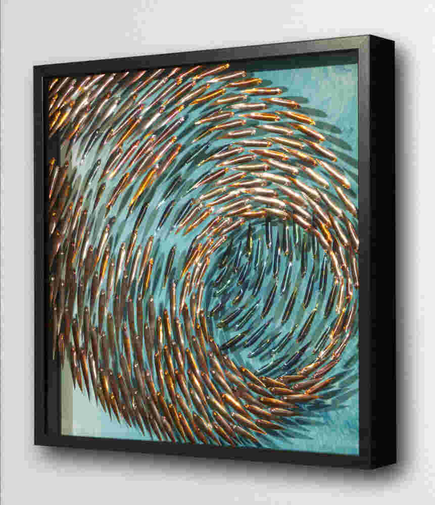 Three-dimensional wall sculpture, school of fish theme, with layers of plexiglass, aluminum frame and swirling copper fish.