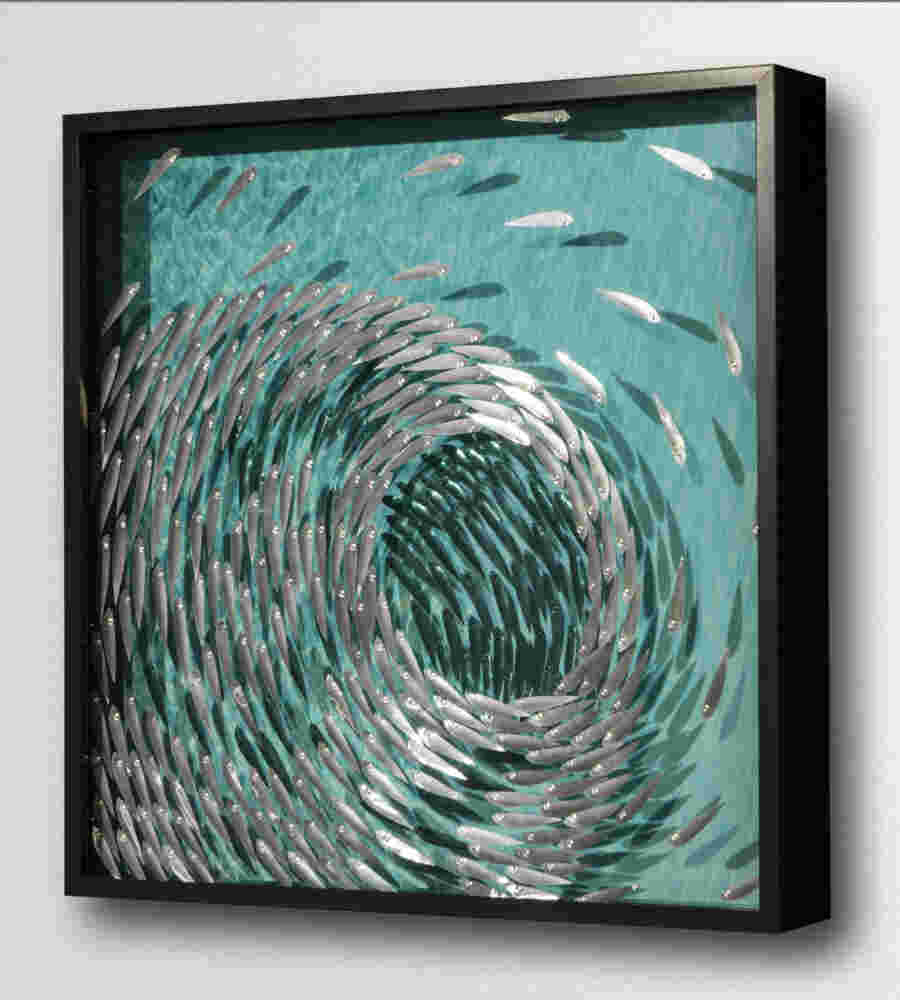 Three-dimensional wall sculpture, school of fish theme, with layers of plexiglass, aluminum frame and swirling copper fish.