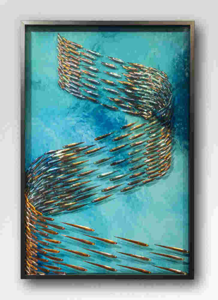 Three-dimensional wall sculpture, school of fish theme, with layers of plexiglass, aluminum frame and swirling copper fish.