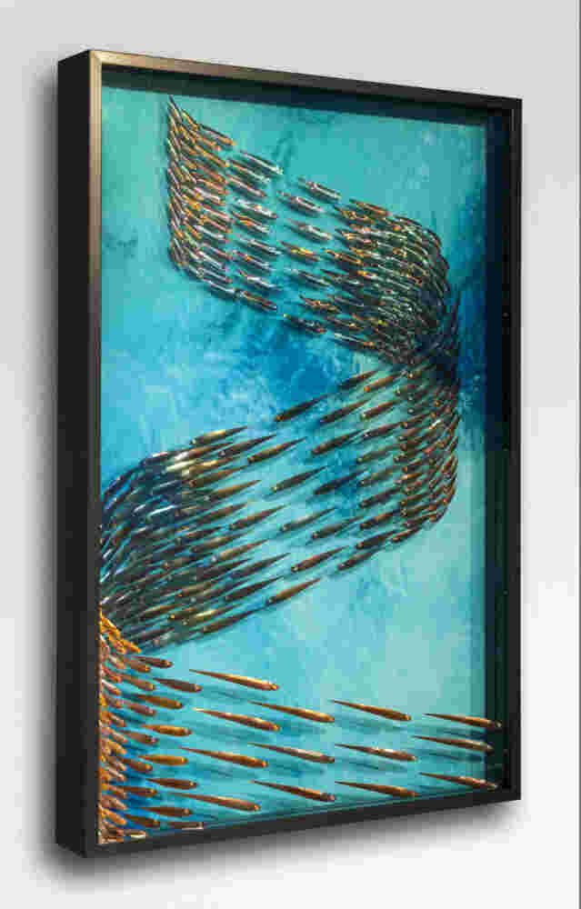 Three-dimensional wall sculpture, school of fish theme, with layers of plexiglass, aluminum frame and swirling copper fish.