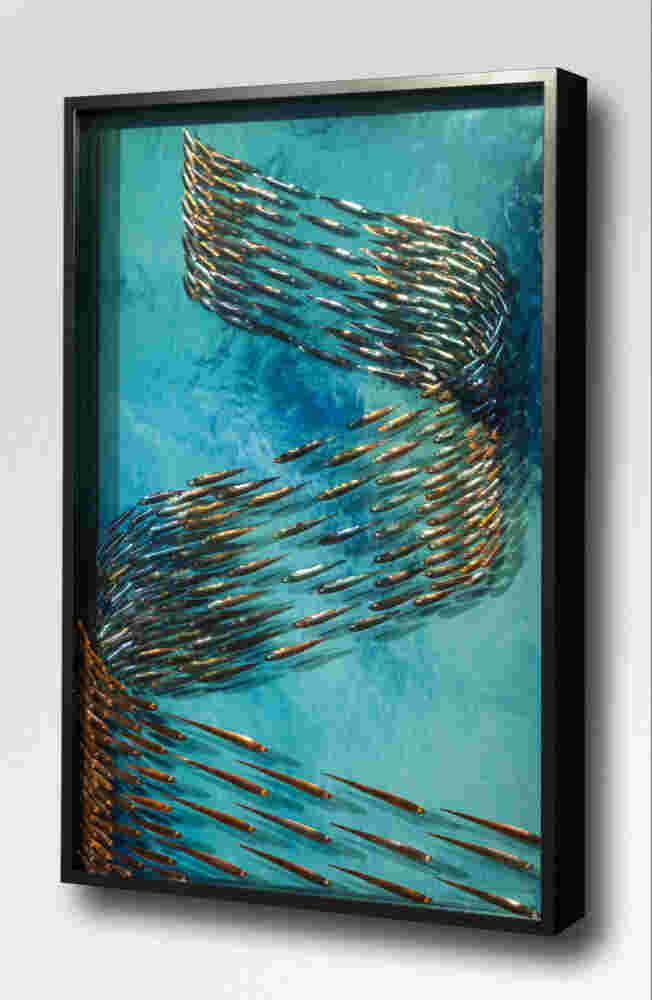 Three-dimensional wall sculpture, school of fish theme, with layers of plexiglass, aluminum frame and swirling copper fish.