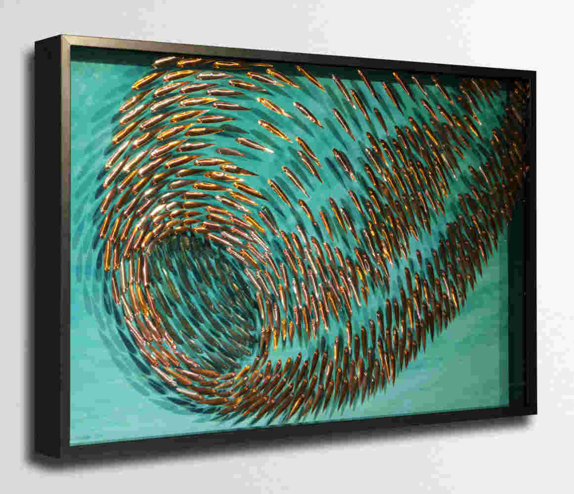 Three-dimensional wall sculpture, school of fish theme, with layers of plexiglass, aluminum frame and swirling copper fish.