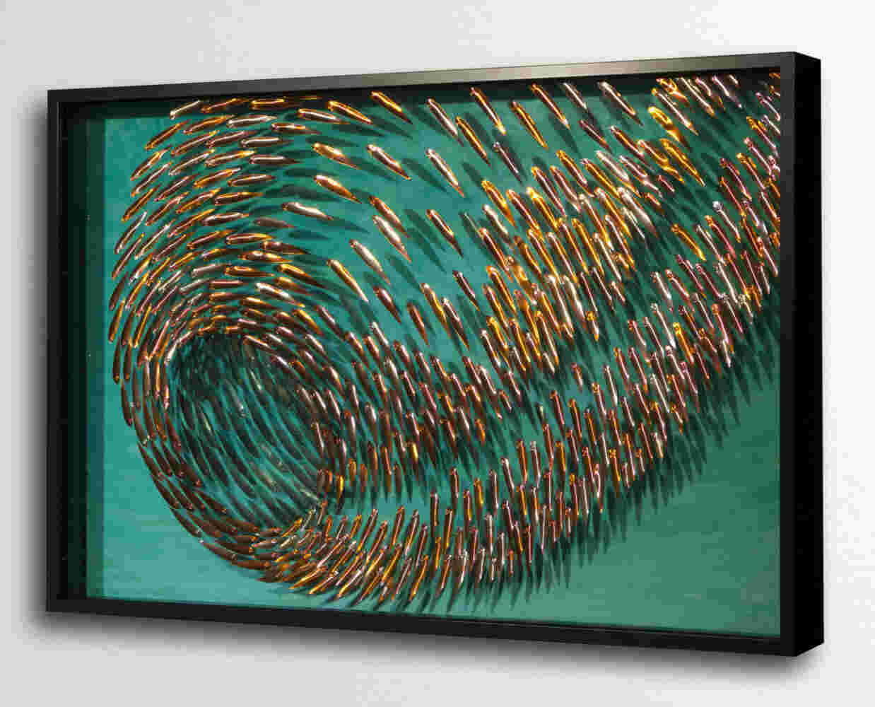 Three-dimensional wall sculpture, school of fish theme, with layers of plexiglass, aluminum frame and swirling copper fish.