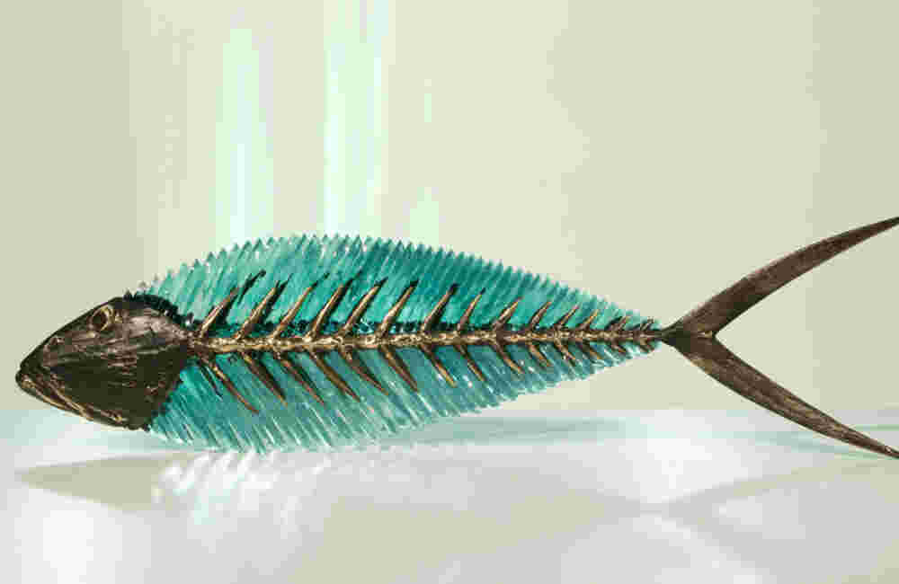 FGS 217 Cast bronze & glass sculpture of a fish. “Frozen Fish”.