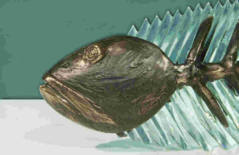 FGS 231 Cast bronze & glass sculpture of a fish. “Frozen Fish”.