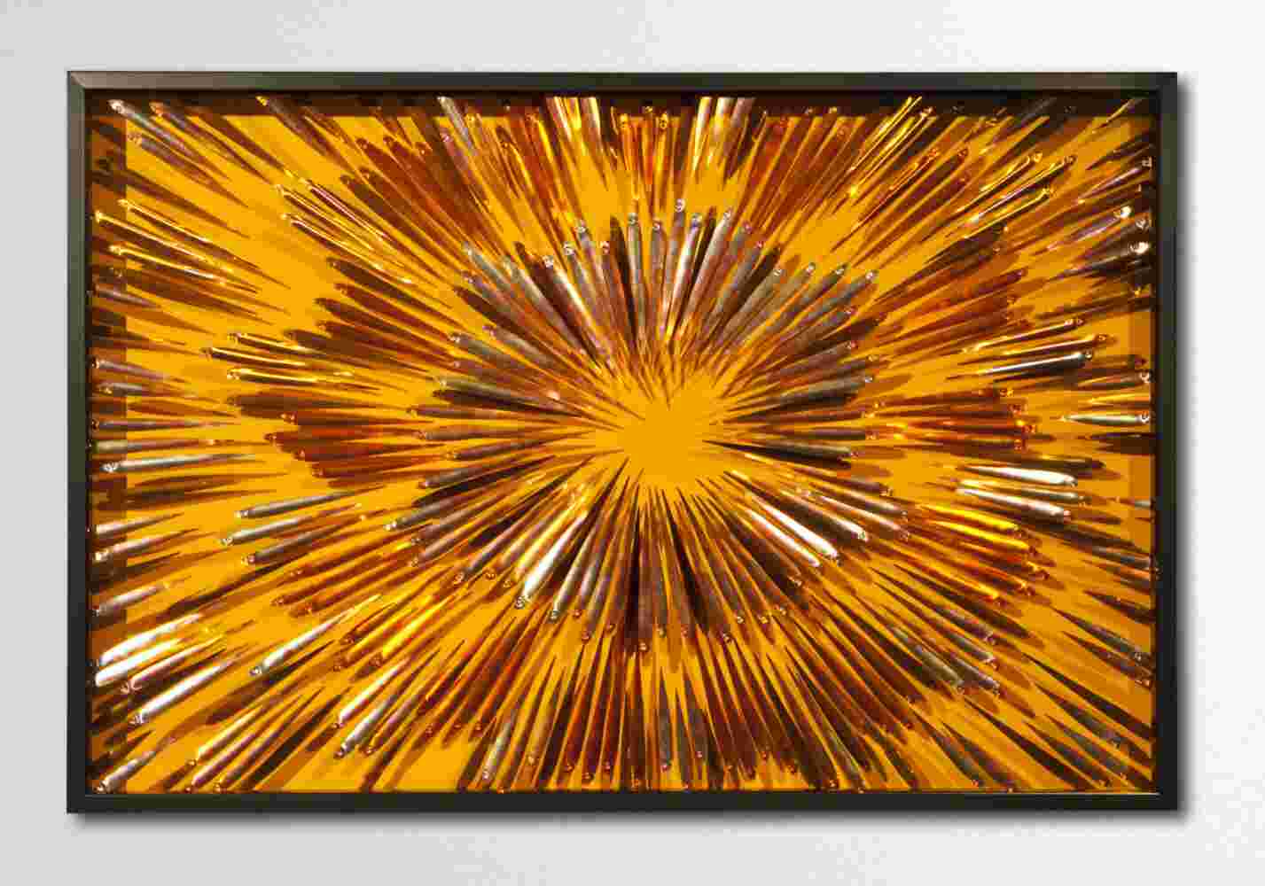 Three-dimensional wall sculpture, school of fish theme, with layers of plexiglass, aluminum frame and exploding copper fish.
