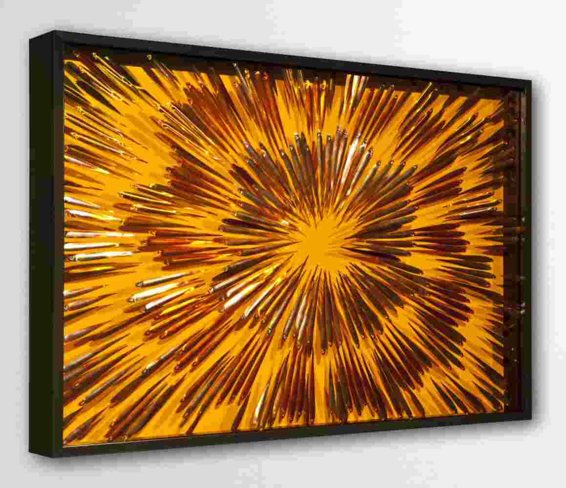 Three-dimensional wall sculpture, school of fish theme, with layers of plexiglass, aluminum frame and exploding copper fish.