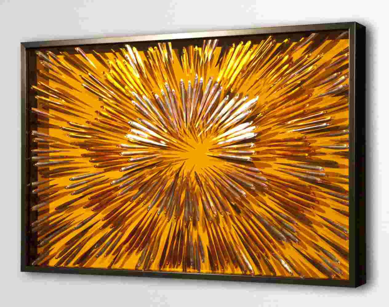 Three-dimensional wall sculpture, school of fish theme, with layers of plexiglass, aluminum frame and exploding copper fish.
