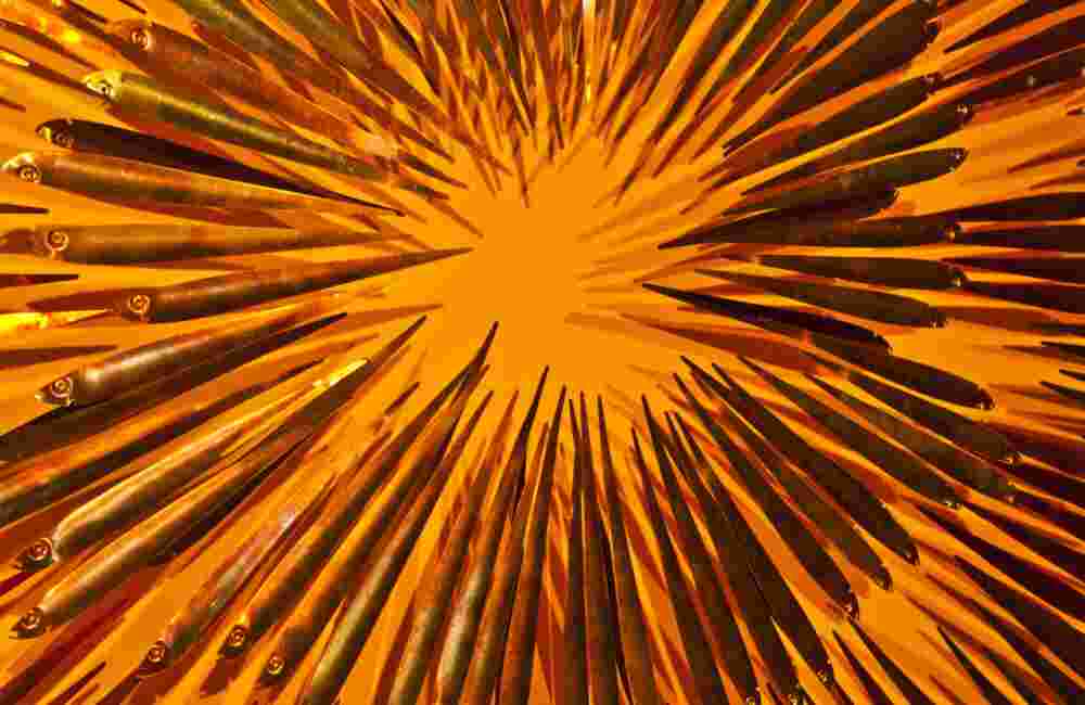 Vortex 282 Three-dimensional wall sculpture, school of fish theme, with layers of plexiglass, aluminum frame and exploding copper fish.