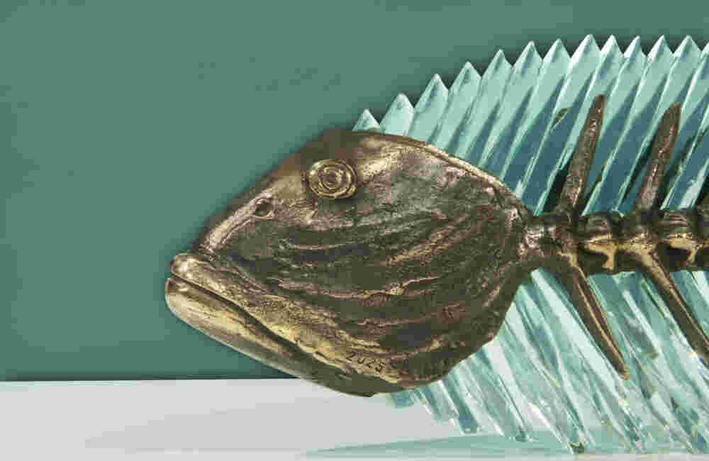 FGS 235 Cast bronze & glass sculpture of a fish. “Frozen Fish”.