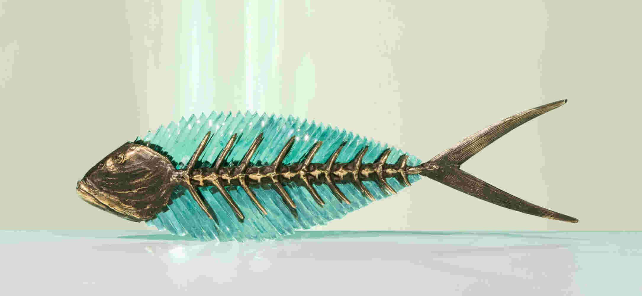 Cast bronze & glass sculpture of a fish. “Frozen Fish”.