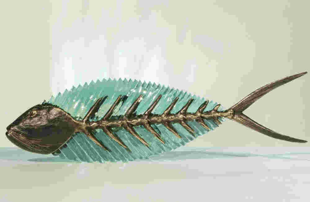 FGS 238 Cast bronze & glass sculpture of a fish. “Frozen Fish”.