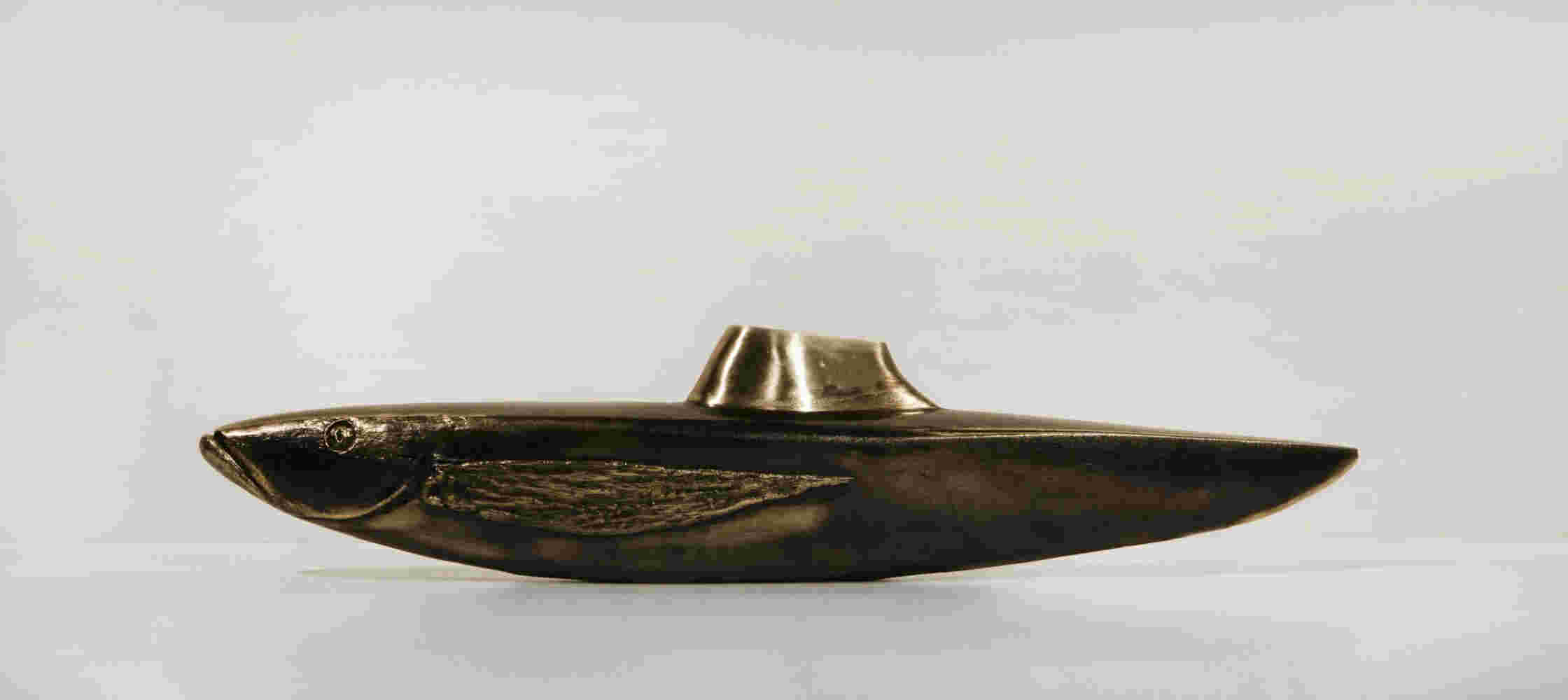 Surrealistic bronze green patina sculpture, half fish, half submarine