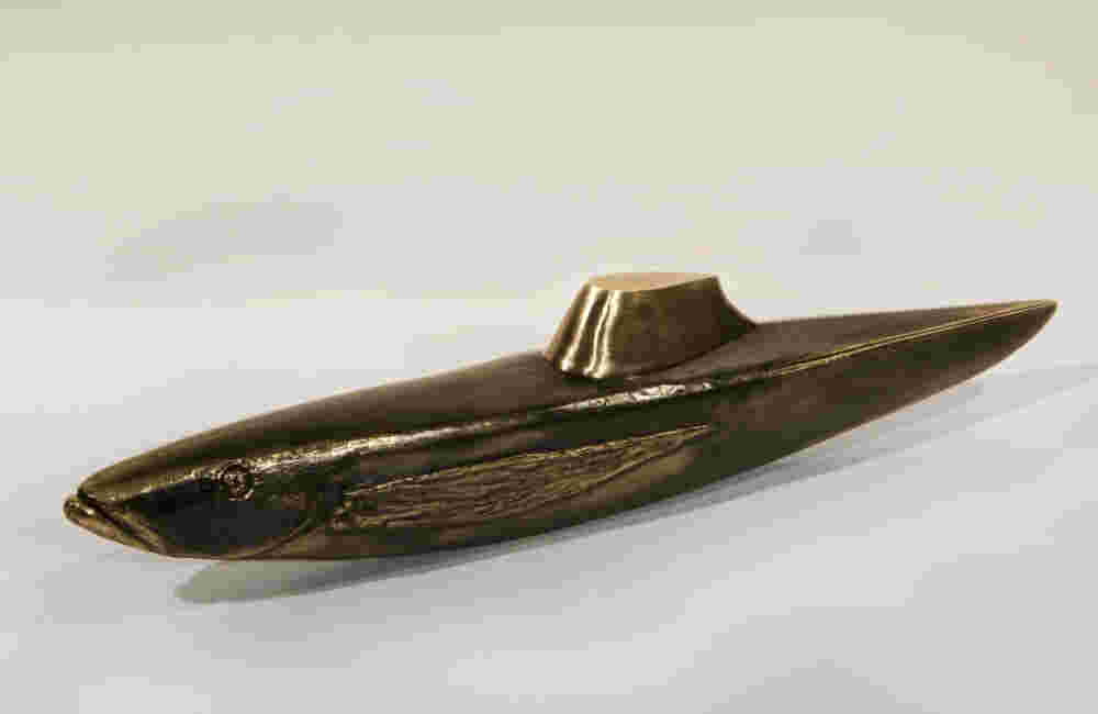 Surrealistic bronze green patina sculpture, half fish, half submarine