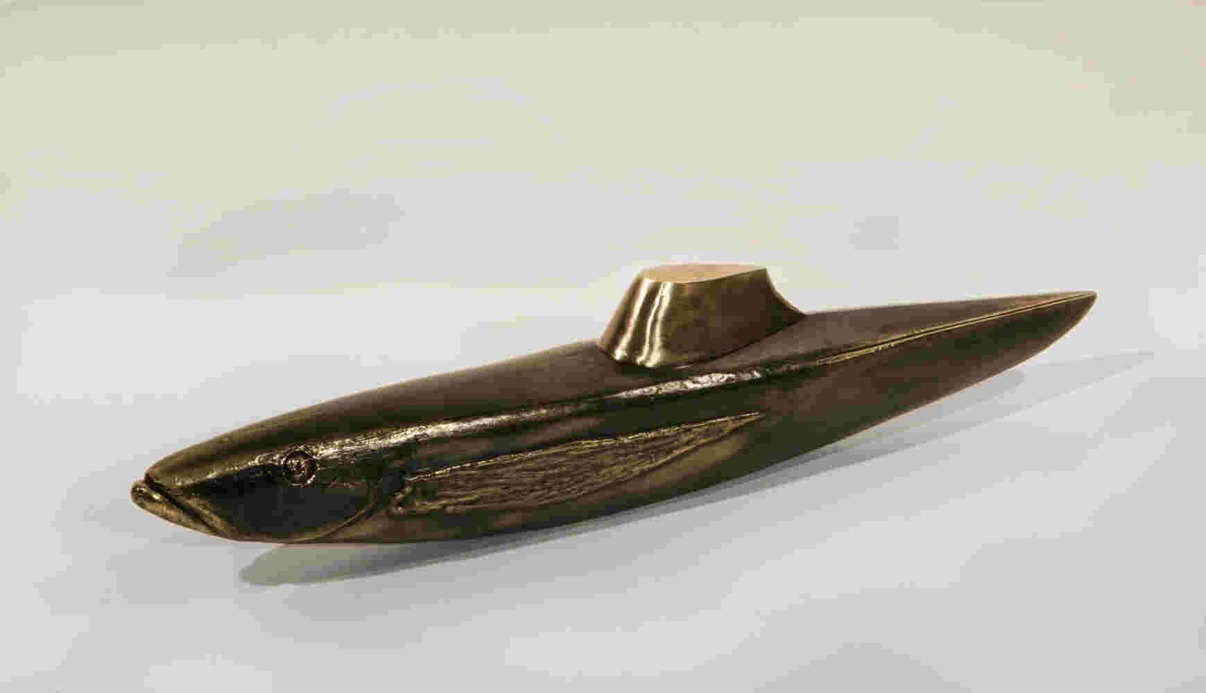 Surrealistic bronze green patina sculpture, half fish, half submarine