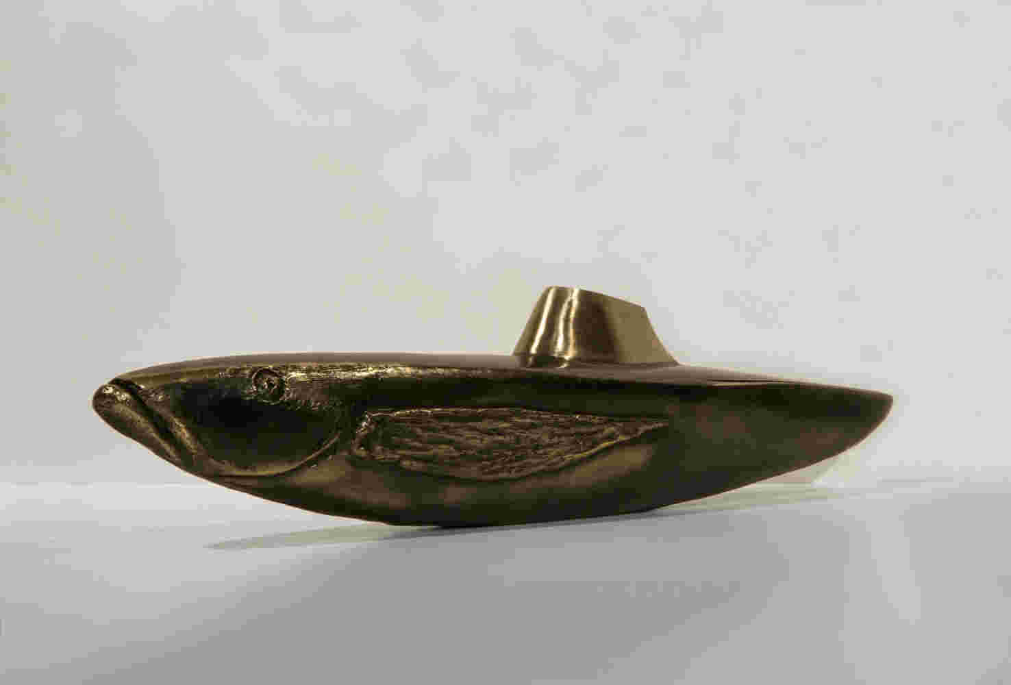 Surrealistic bronze green patina sculpture, half fish, half submarine