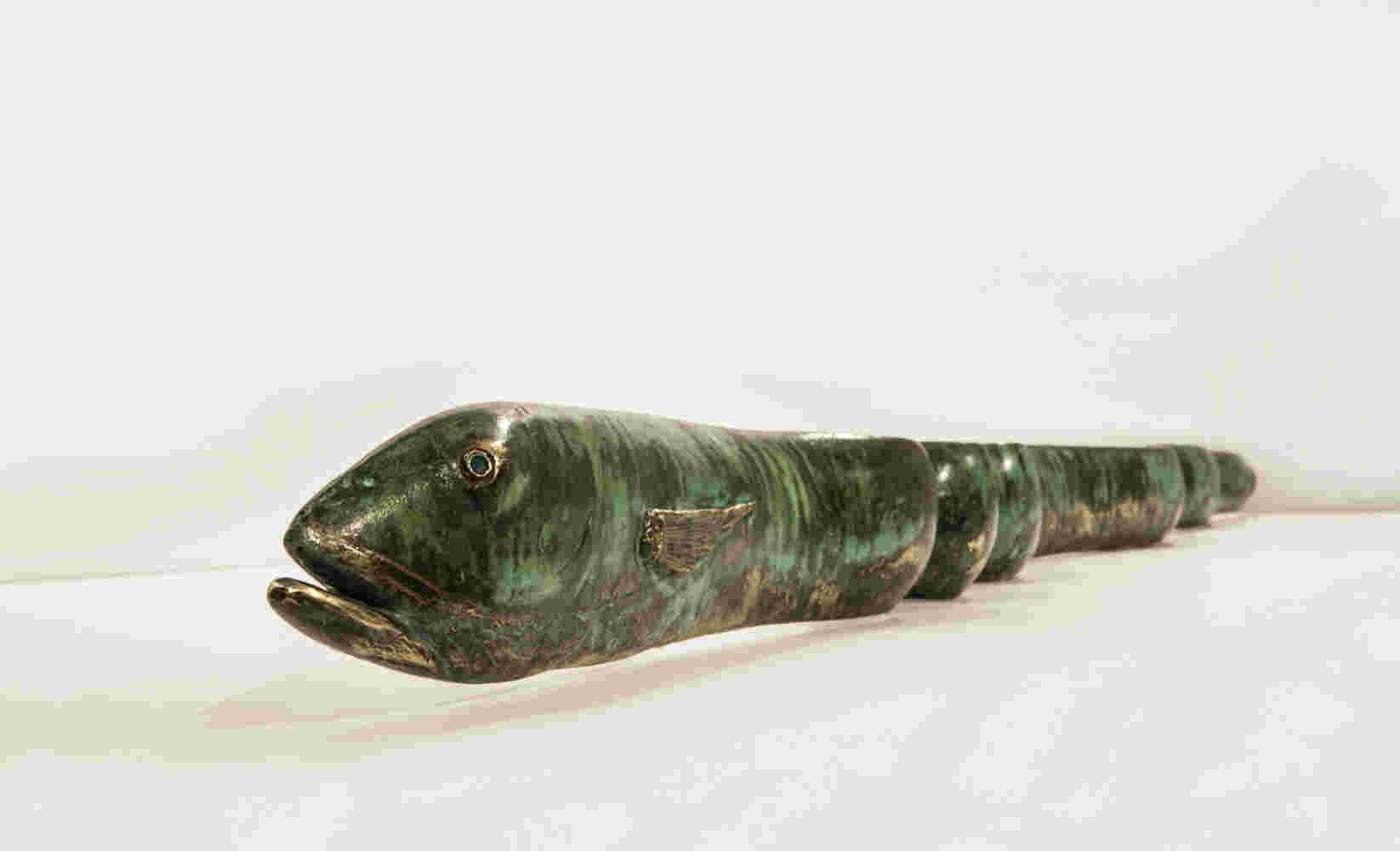 Cast bronze, green eel sculpture