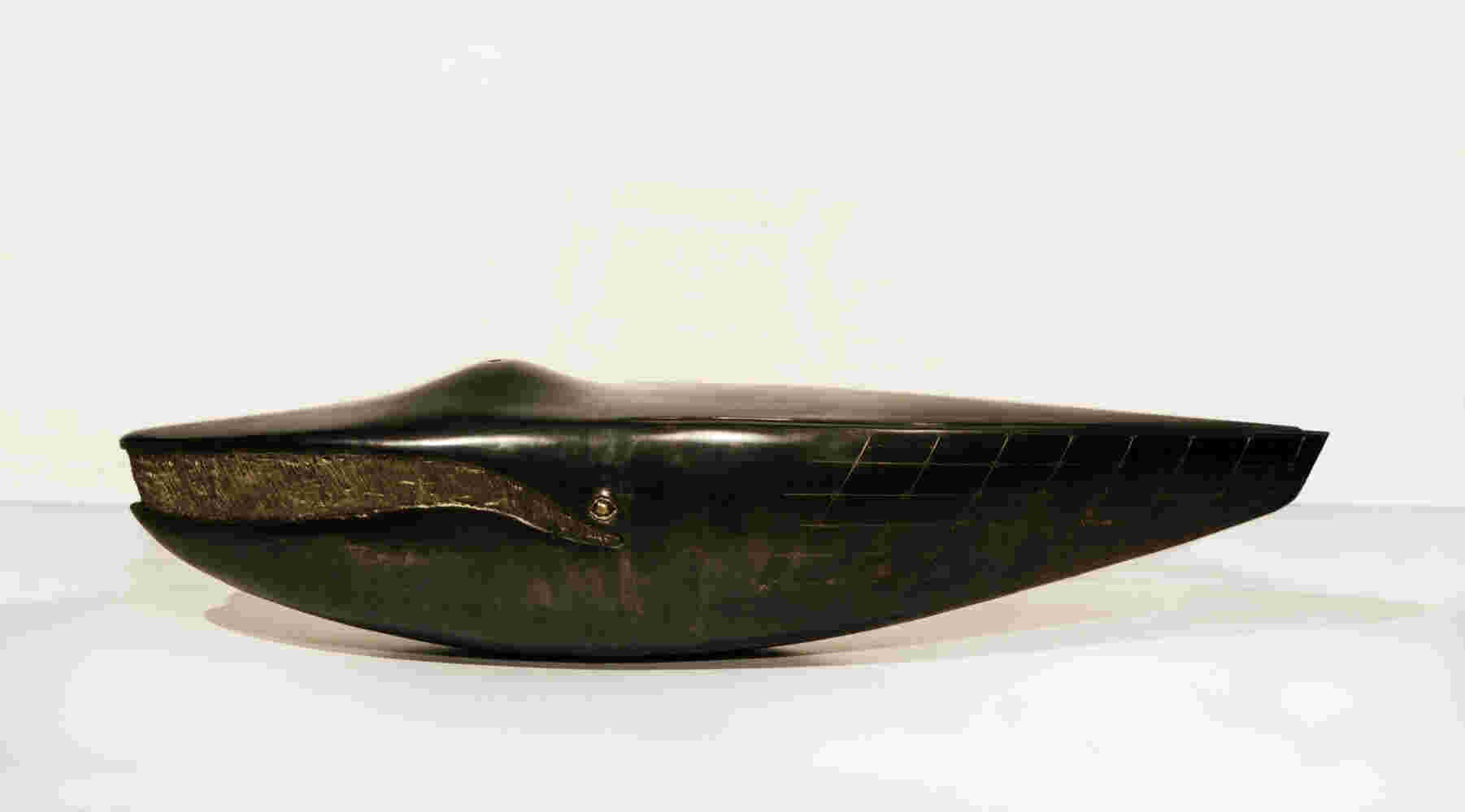 Surrealistic bronze black patina sculpture, half whale, half submarine