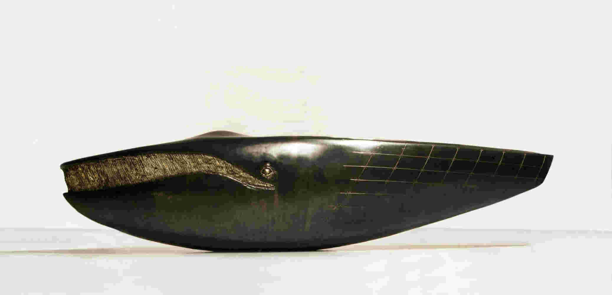 Surrealistic bronze black patina sculpture, half whale, half submarine