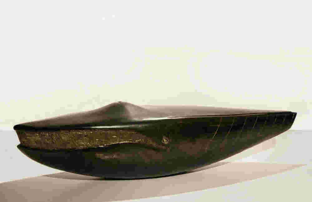 Surrealistic bronze black patina sculpture, half whale, half submarine