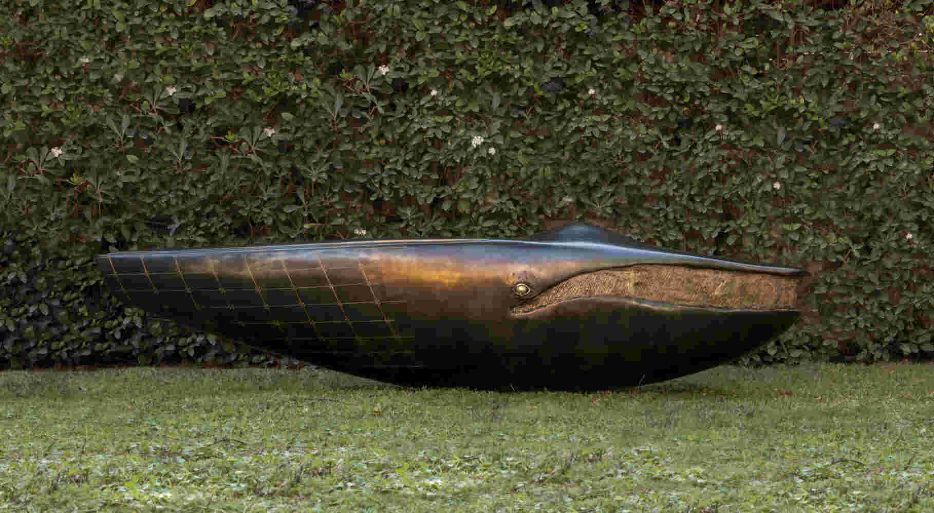 Surrealistic bronze black patina sculpture, half whale, half submarine
