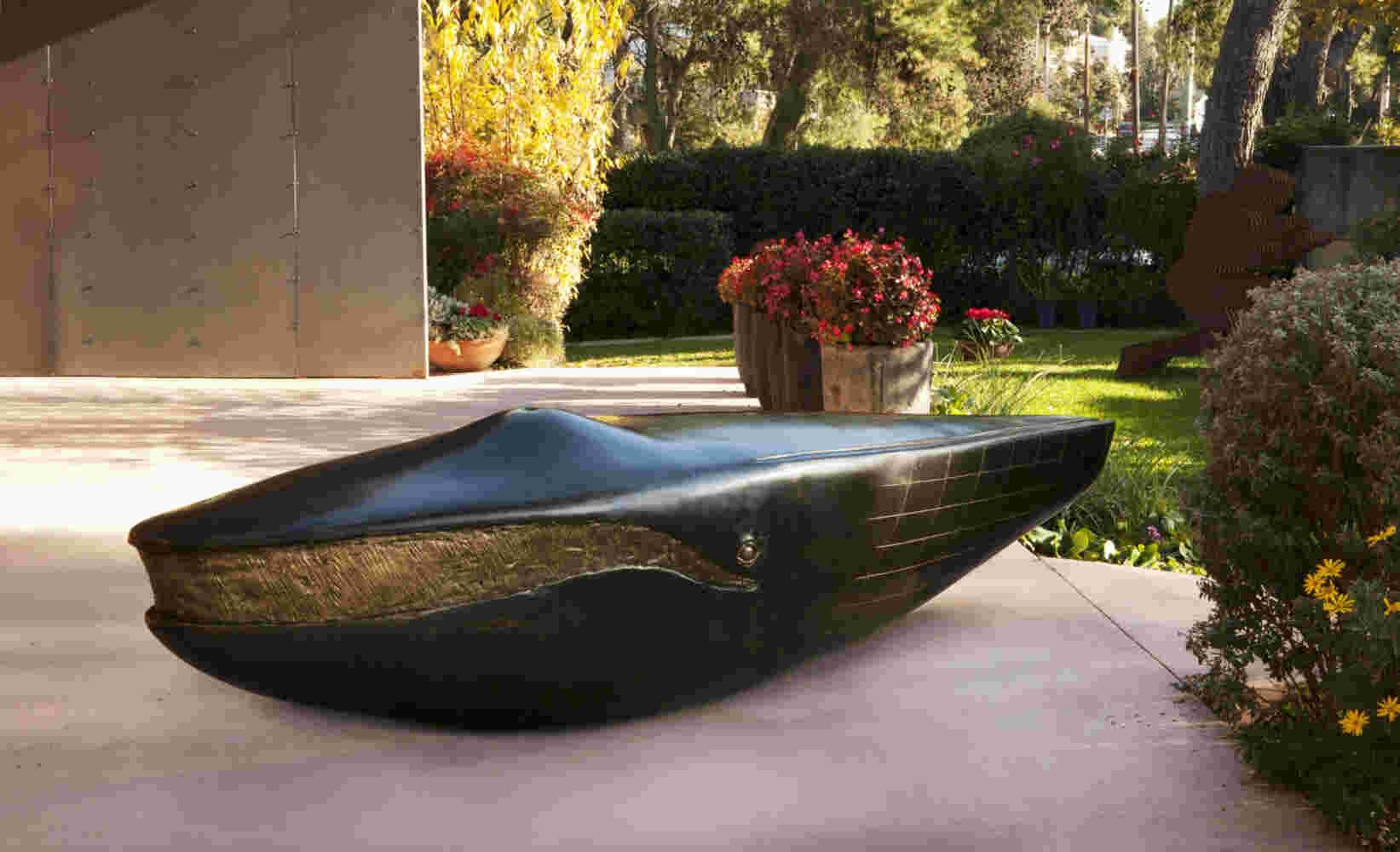 Surrealistic bronze black patina sculpture, half whale, half submarine