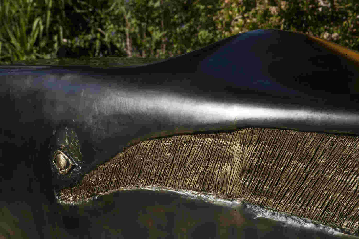 Surrealistic bronze black patina sculpture, half whale, half submarine