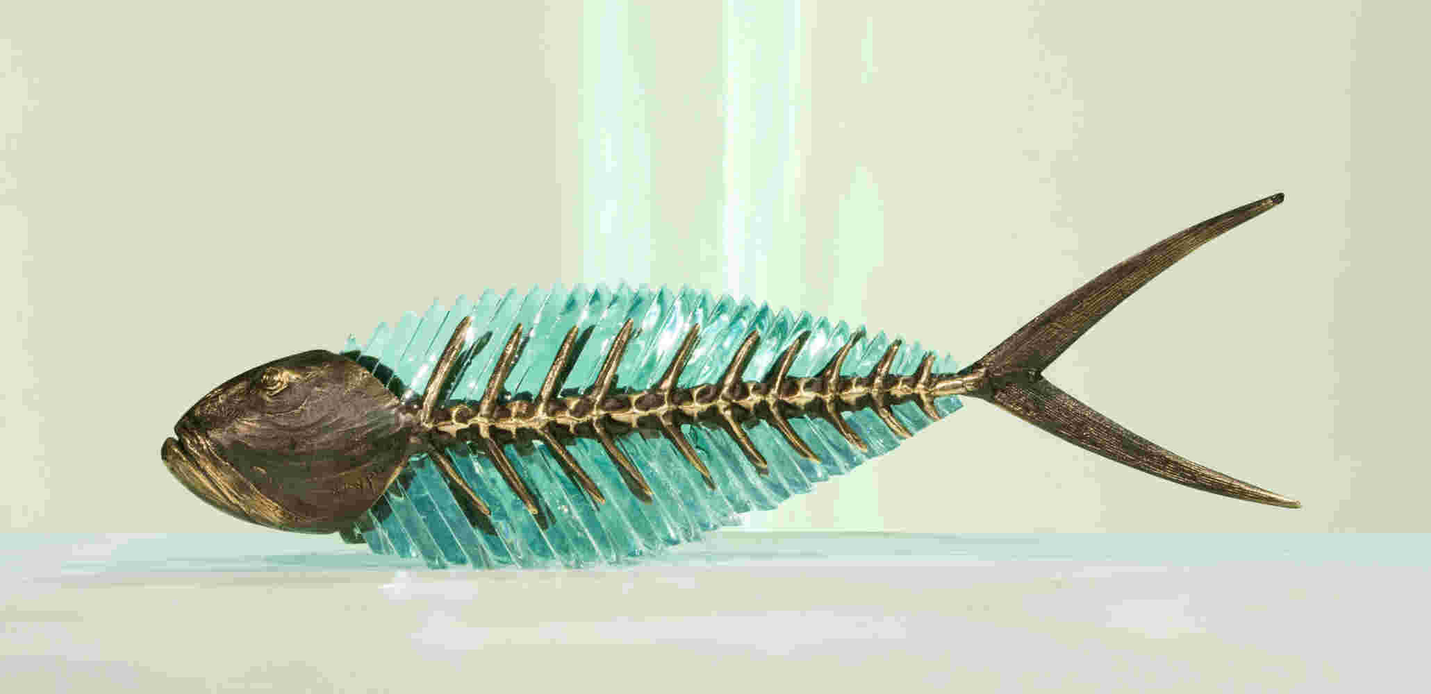 Cast bronze & glass sculpture of a fish. “Frozen Fish”.