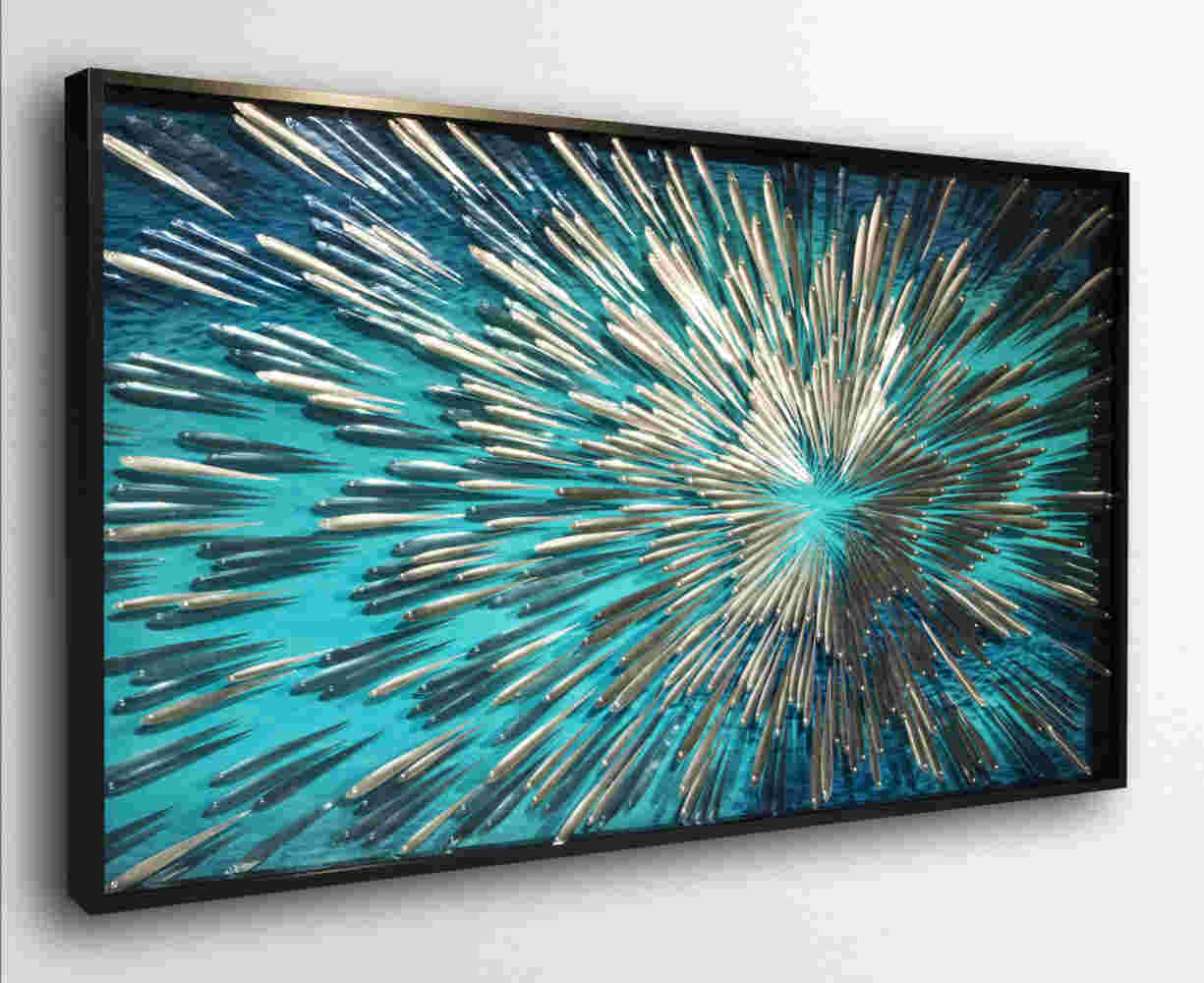Three-dimensional wall sculpture, school of fish theme, with layers of plexiglass, aluminum frame and swirling copper fish.