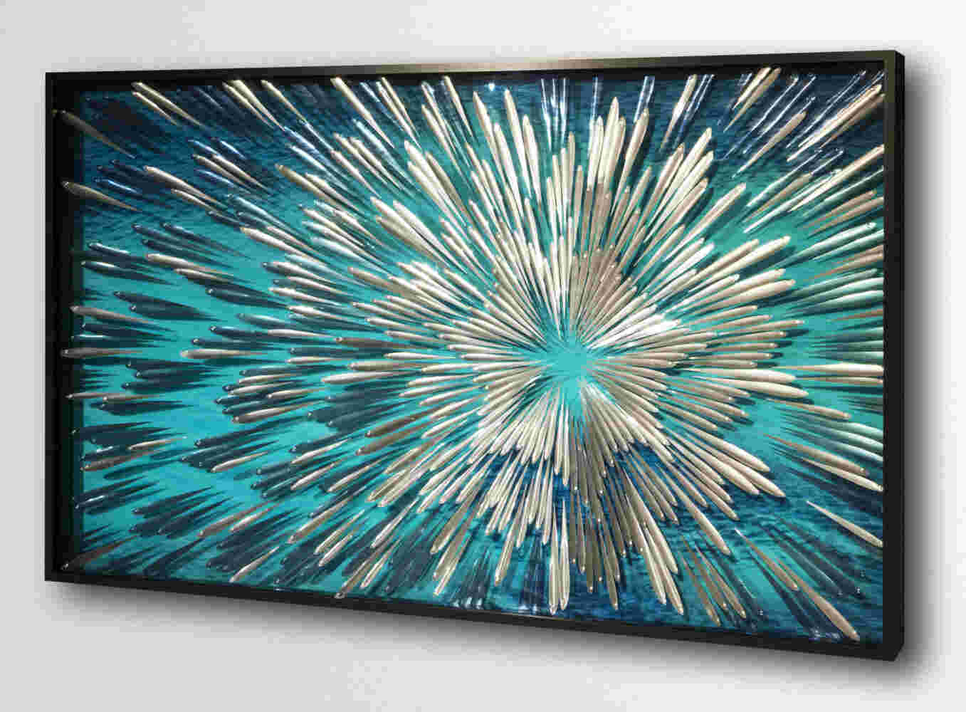 Three-dimensional wall sculpture, school of fish theme, with layers of plexiglass, aluminum frame and swirling copper fish.