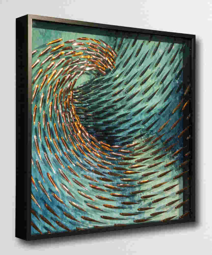 Three-dimensional wall sculpture, school of fish theme, with layers of plexiglass, aluminum frame and swirling copper fish.