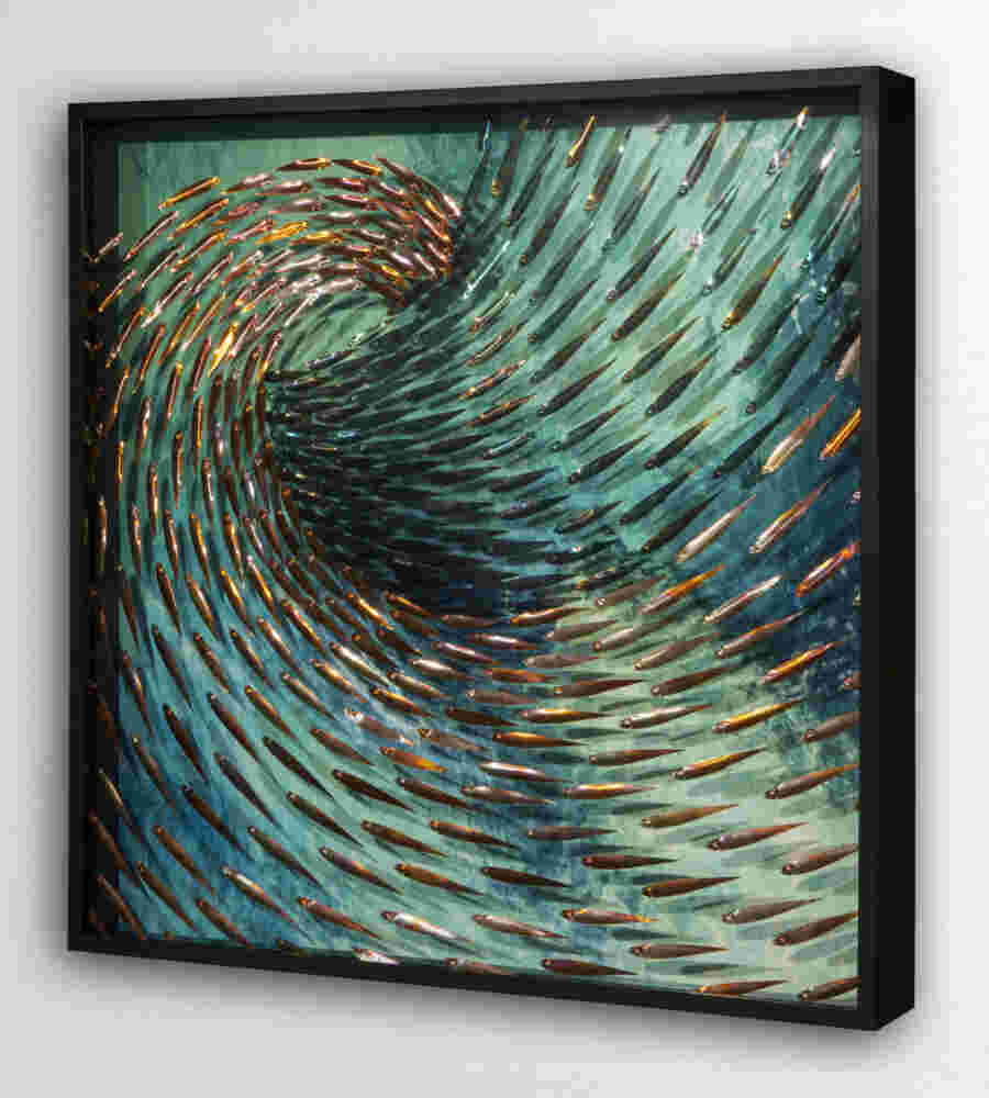 Three-dimensional wall sculpture, school of fish theme, with layers of plexiglass, aluminum frame and swirling copper fish.