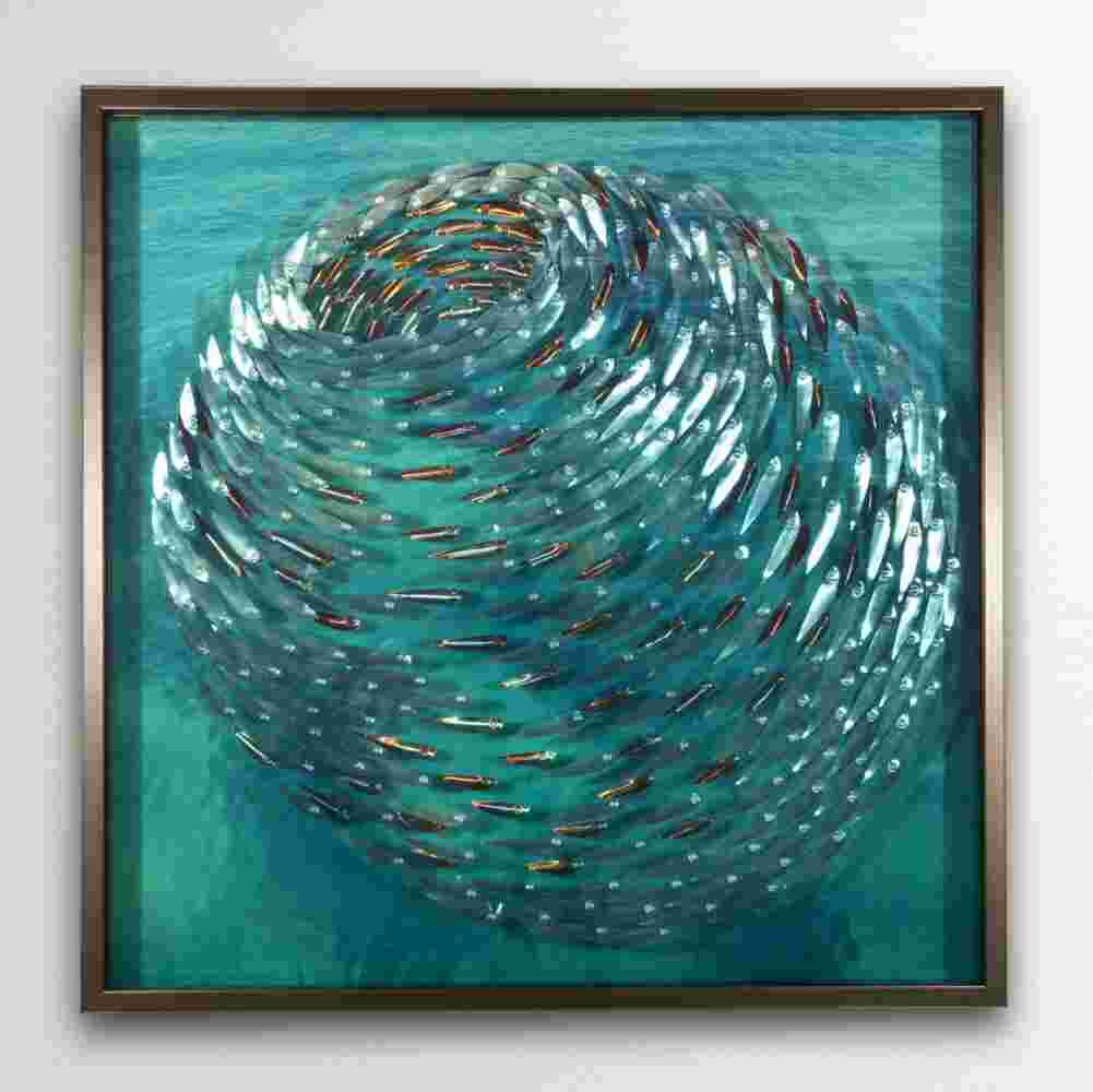 Three-dimensional wall sculpture, school of fish theme, with layers of plexiglass, aluminum frame and swirling copper fish.