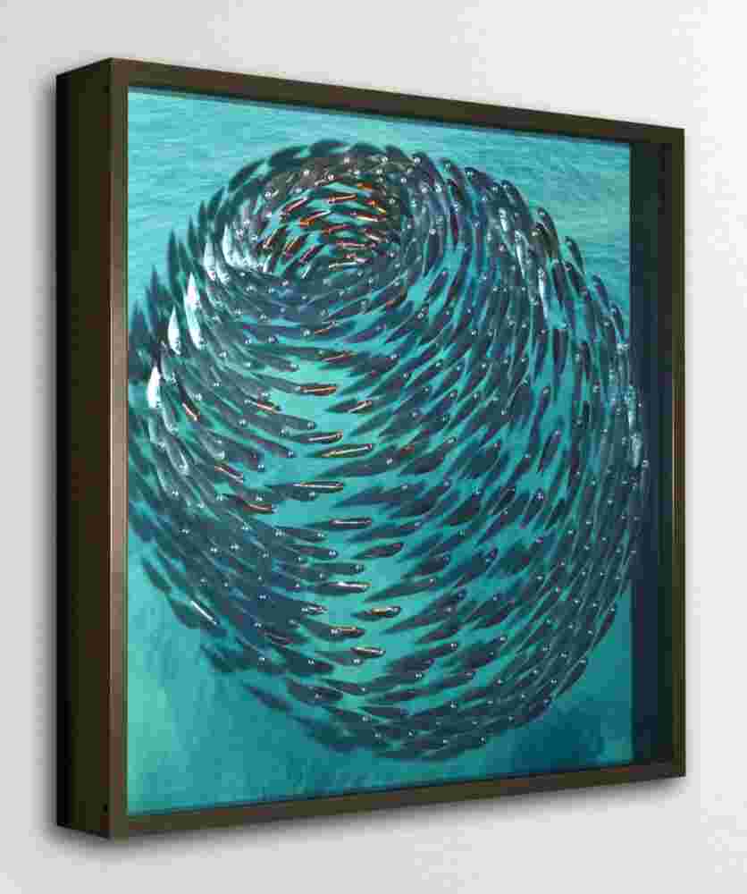 Three-dimensional wall sculpture, school of fish theme, with layers of plexiglass, aluminum frame and swirling copper fish.