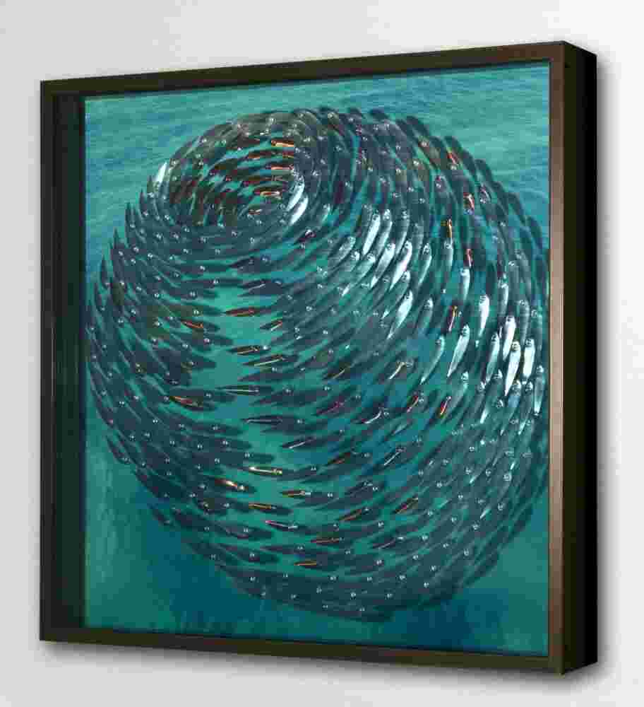 Three-dimensional wall sculpture, school of fish theme, with layers of plexiglass, aluminum frame and swirling copper fish.