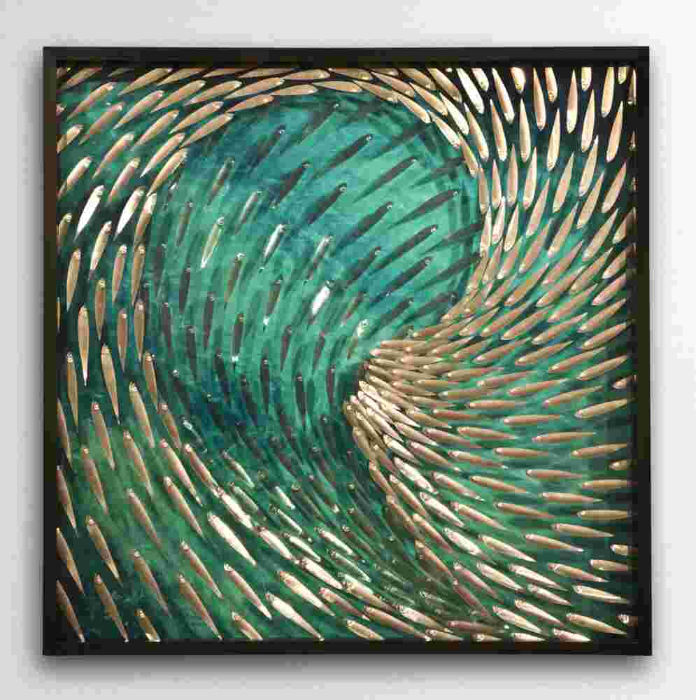 Three-dimensional wall sculpture, school of fish theme, with layers of plexiglass, aluminum frame and swirling copper fish.