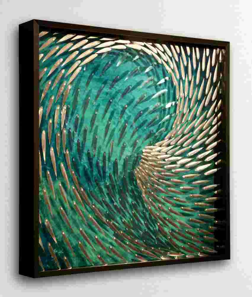 Three-dimensional wall sculpture, school of fish theme, with layers of plexiglass, aluminum frame and swirling copper fish.