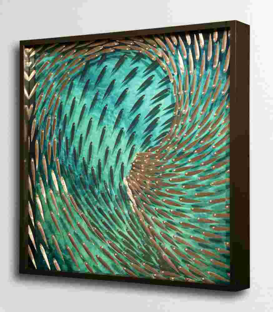 Three-dimensional wall sculpture, school of fish theme, with layers of plexiglass, aluminum frame and swirling copper fish.