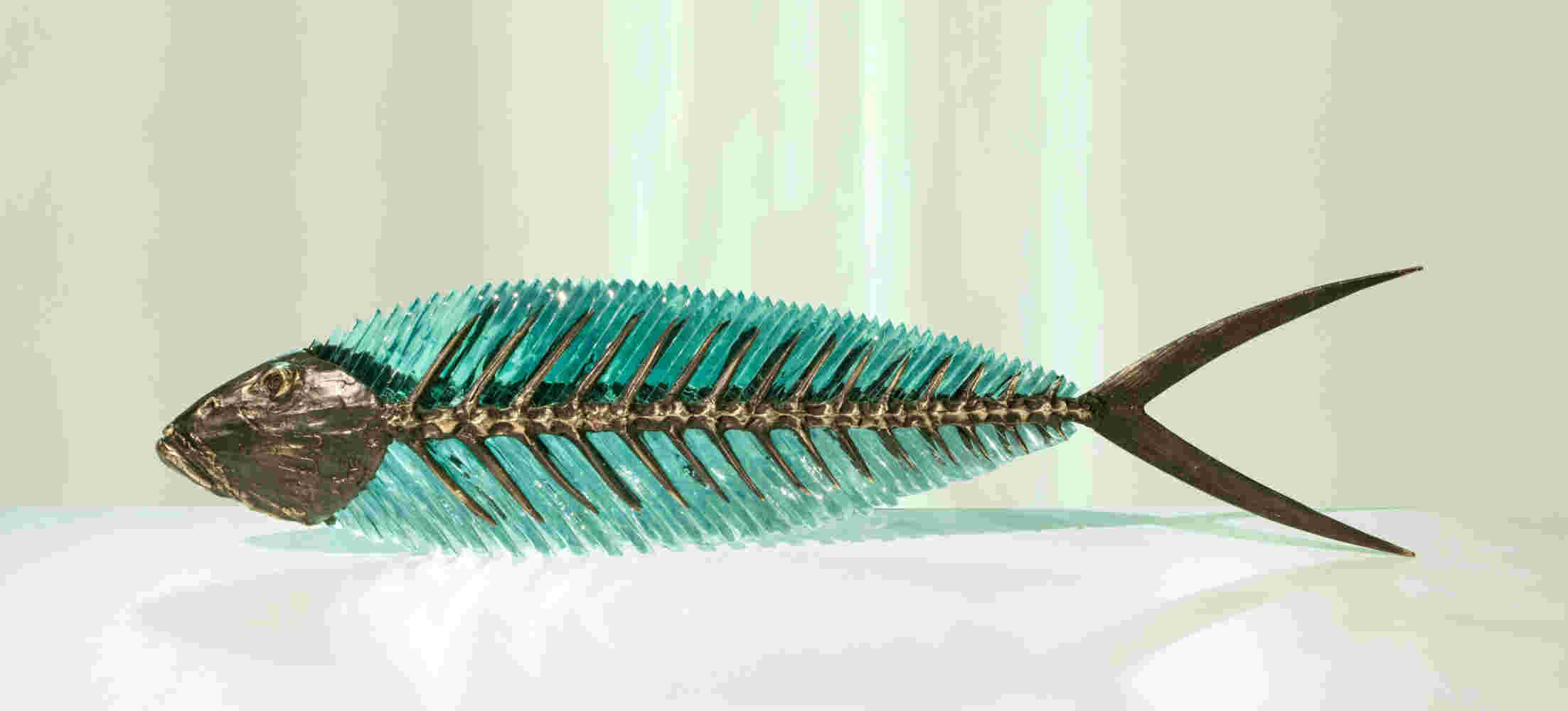 Cast bronze & glass sculpture of a fish. “Frozen Fish”.