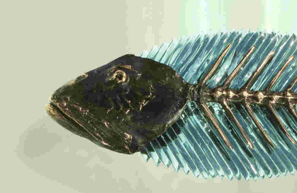 Hand cut glass and bronze sculpture of a fish, wall mounted or hanging