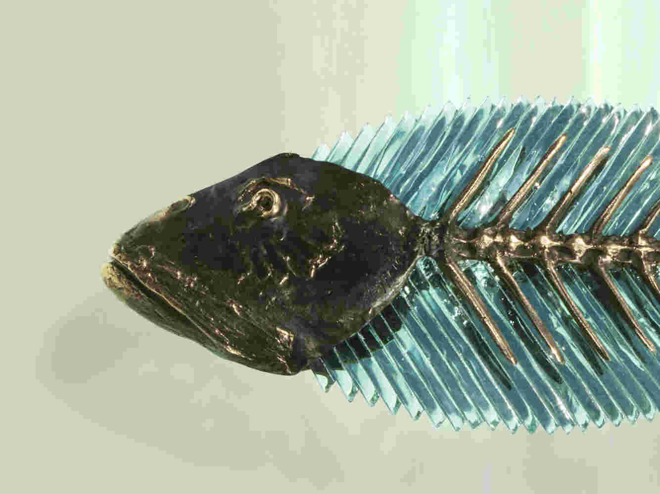 Hand cut glass and bronze sculpture of a fish, wall mounted or hanging