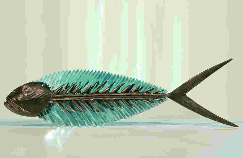 Cast bronze & glass sculpture of a fish. “Frozen Fish”.