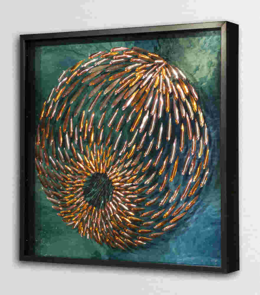 Three-dimensional wall sculpture, school of fish theme, with layers of plexiglass, aluminum frame and spherical aluminum fish.