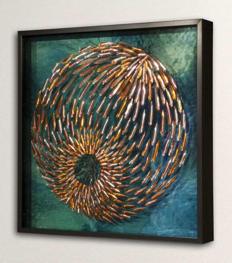 Three-dimensional wall sculpture, school of fish theme, with layers of plexiglass, aluminum frame and spherical aluminum fish.