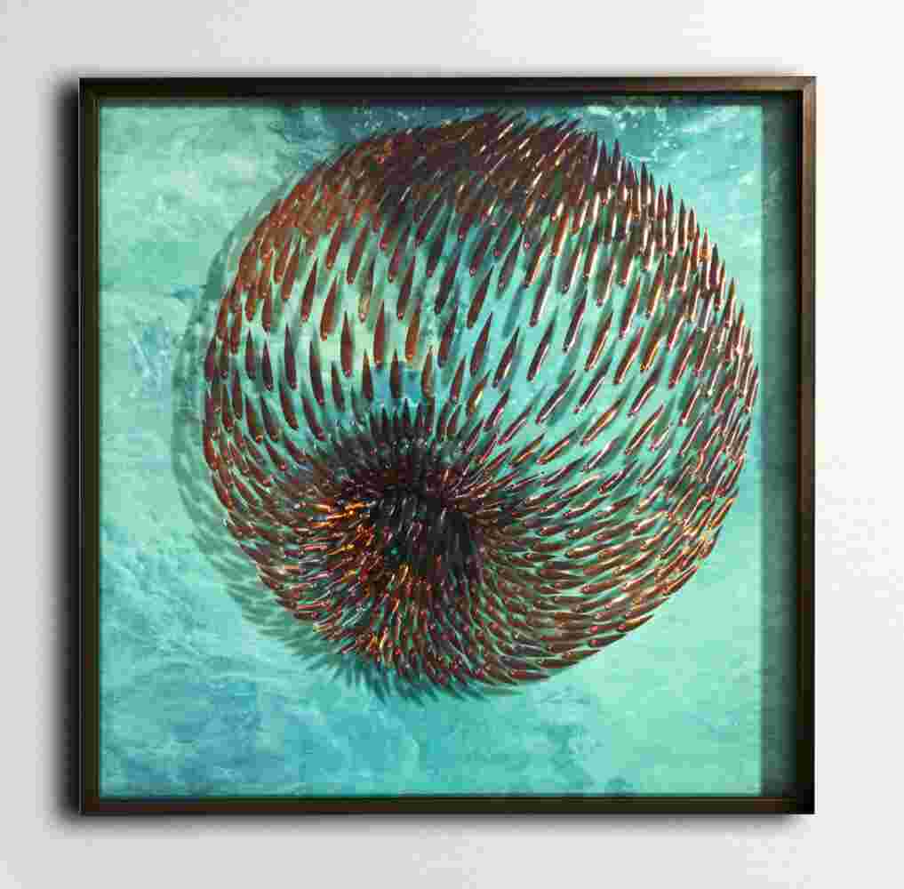 Three-dimensional wall sculpture, school of fish theme, with layers of plexiglass, aluminum frame and fishball of aluminum and copper fish.