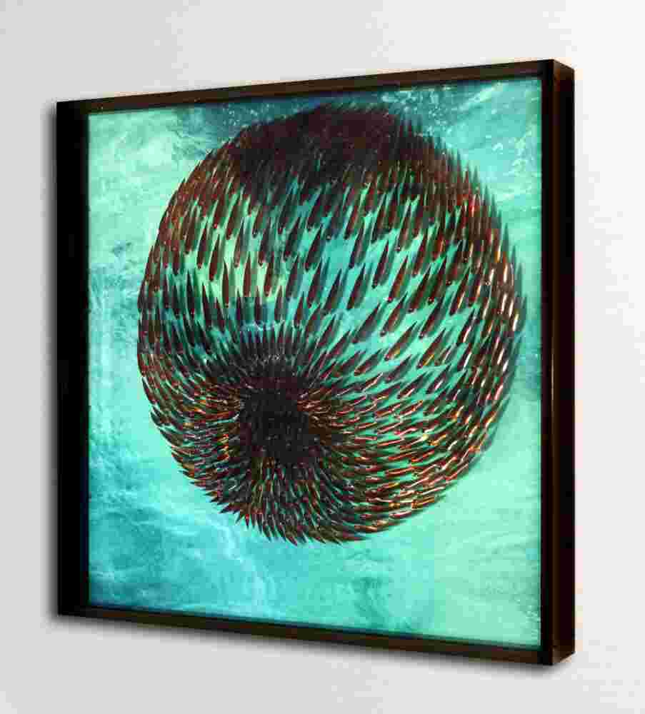 Three-dimensional wall sculpture, school of fish theme, with layers of plexiglass, aluminum frame and fishball of aluminum and copper fish.