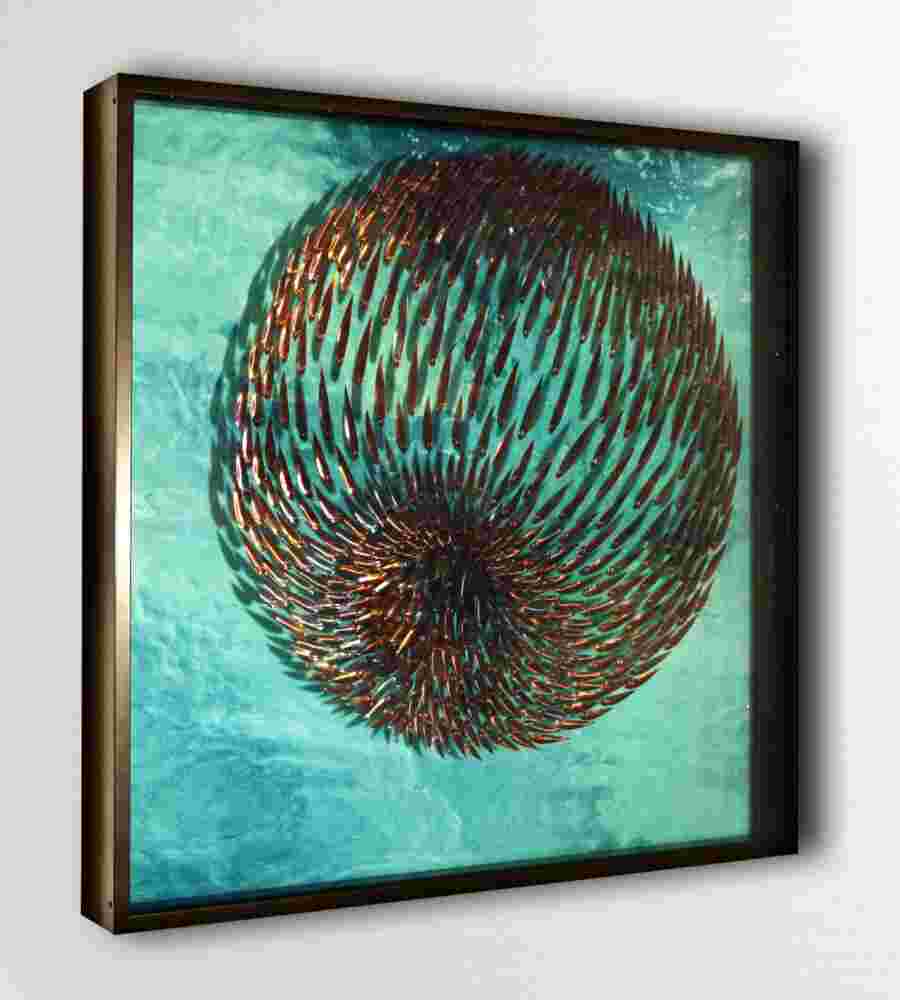 Three-dimensional wall sculpture, school of fish theme, with layers of plexiglass, aluminum frame and fishball of aluminum and copper fish.