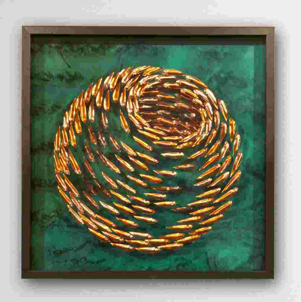Three-dimensional wall sculpture, school of fish theme, with layers of plexiglass, aluminum frame and spherical copper fish.