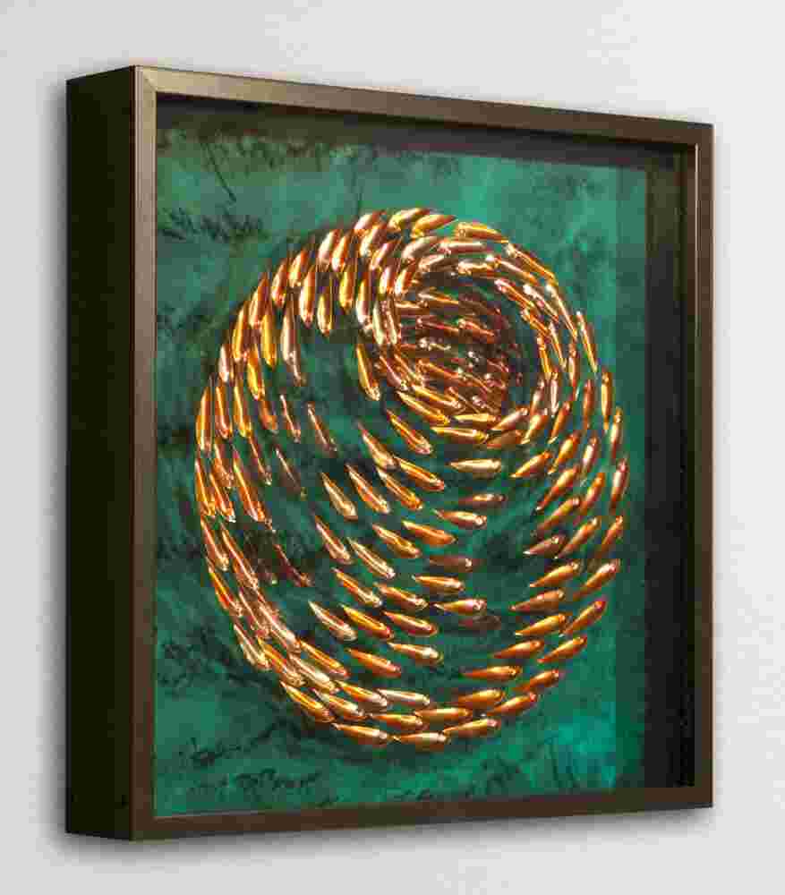 Three-dimensional wall sculpture, school of fish theme, with layers of plexiglass, aluminum frame and spherical copper fish.